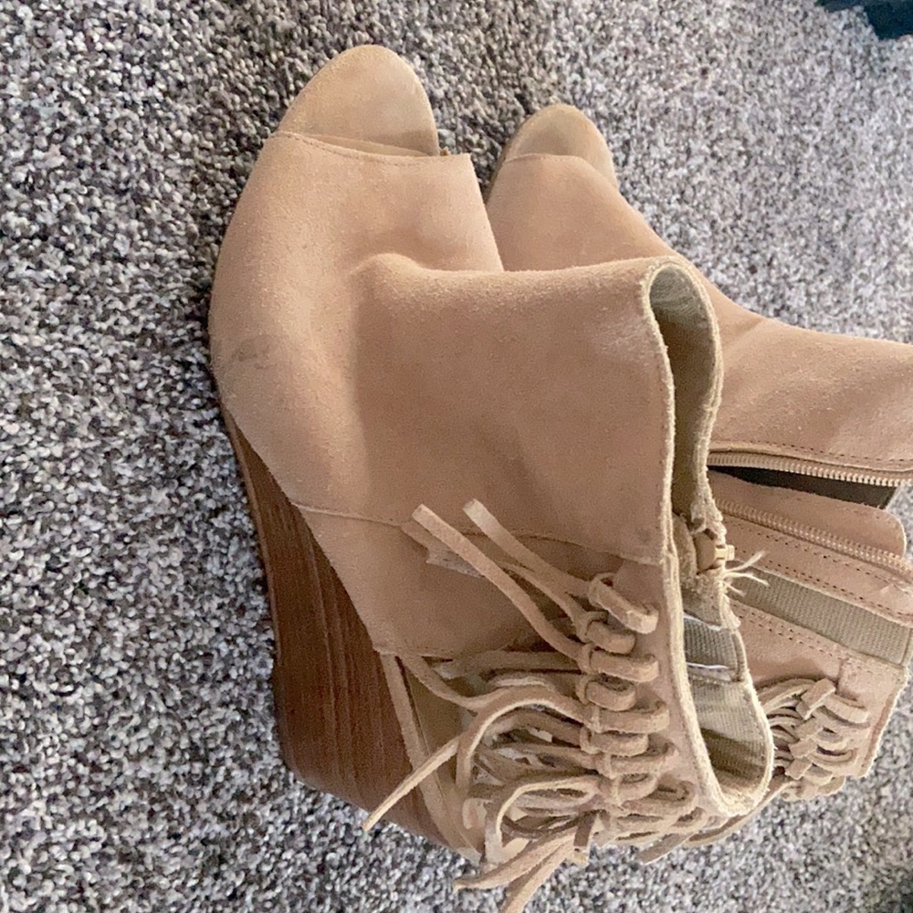 Suede fringe wedge booties